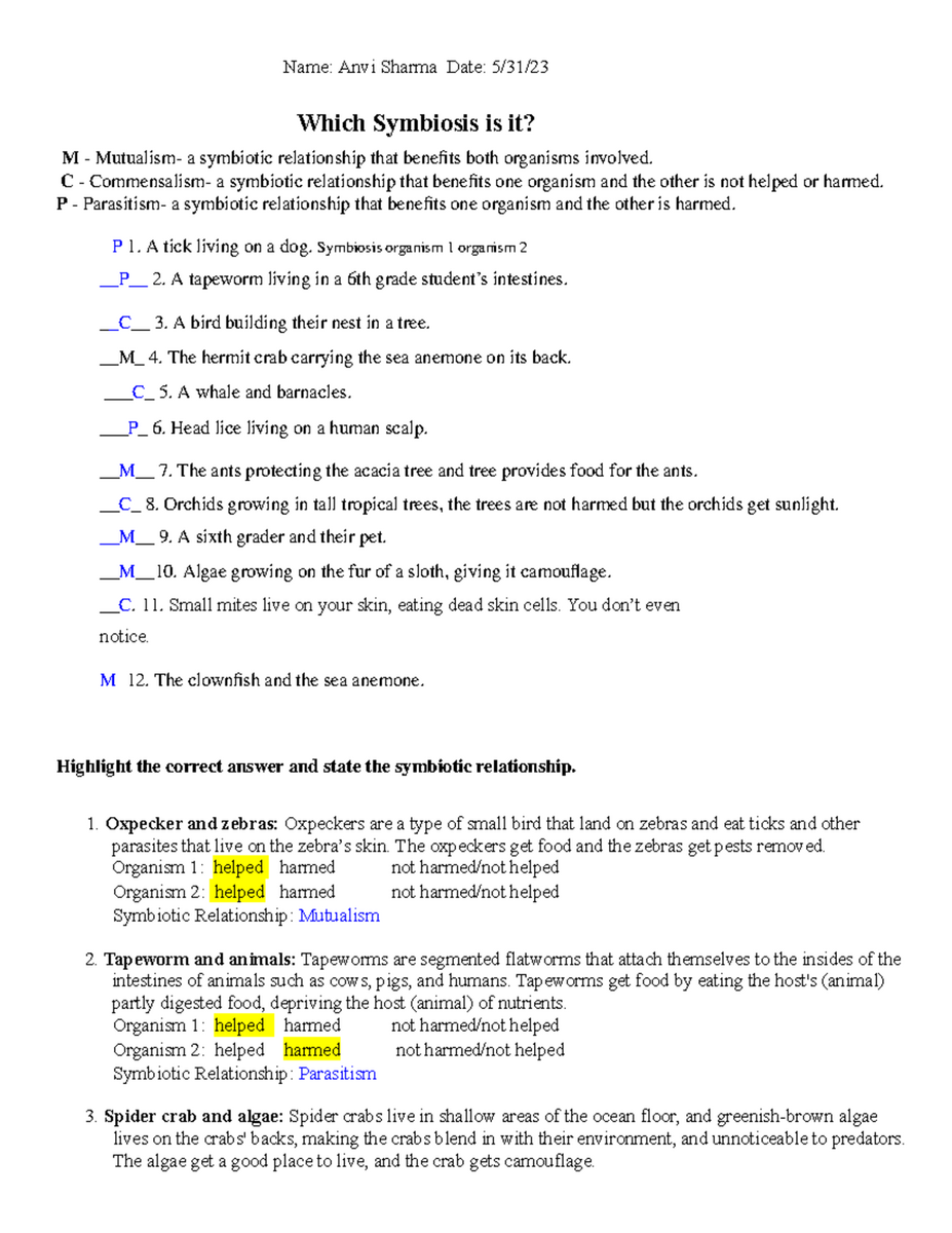 Symbiosis Worksheet Understanding Relationships In Nature Studocu