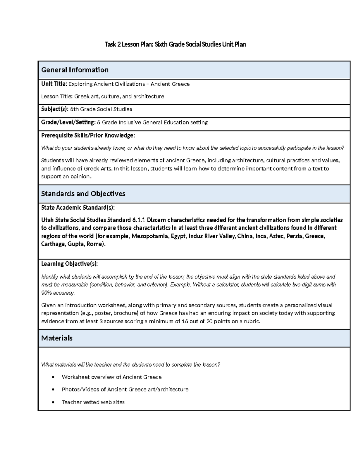 Task 2 Lesson Plan Exploring Ancient Greece In 6th Grade Social Studies Studocu
