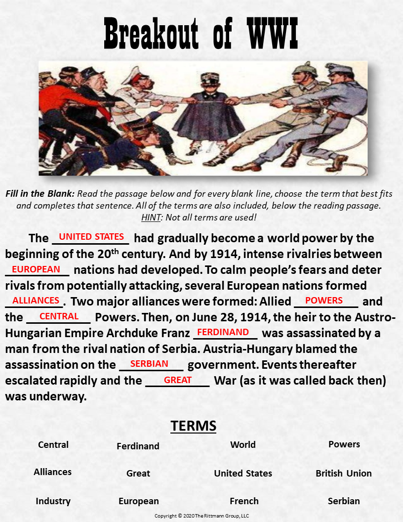 Teaching The Causes Of World War One WW1 Worksheet