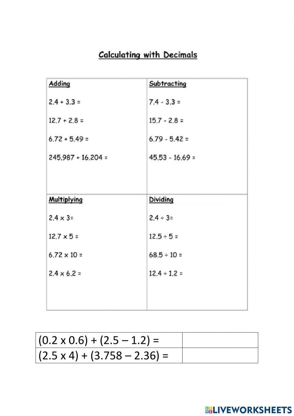 The Four Operations On Decimals Worksheet Worksheets Library