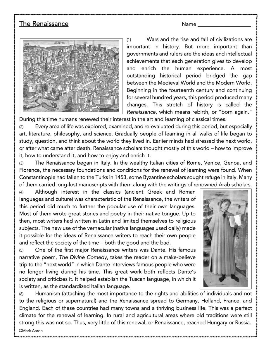 The Renaissance History Reading Passage And Assessment Classful Williamsonsocialstudies Renaissance