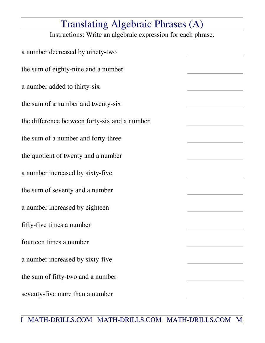 The Translating Algebraic Phrases A Math Worksheet From The Worksheets Library