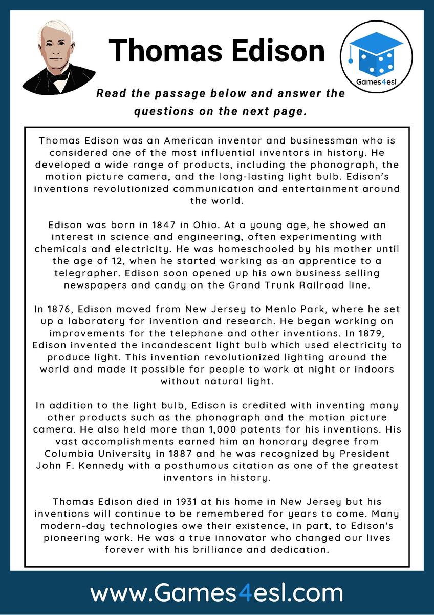 Thomas Edison Reading Comprehension Worksheet Games4esl Thomas Edison Reading Comprehension Passage Questions Made By Teachers