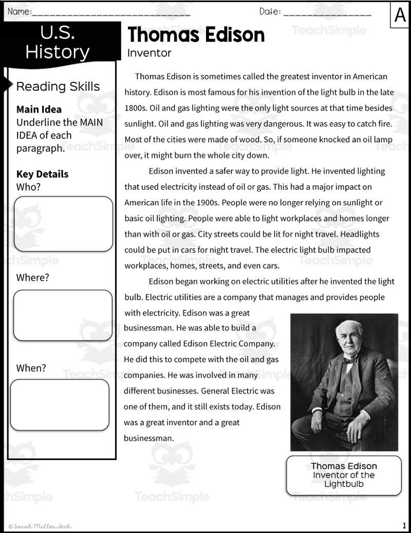 Thomas Edison Reading Packet By Teach Simple Thomas Edison Reading Packet By Teach Simple