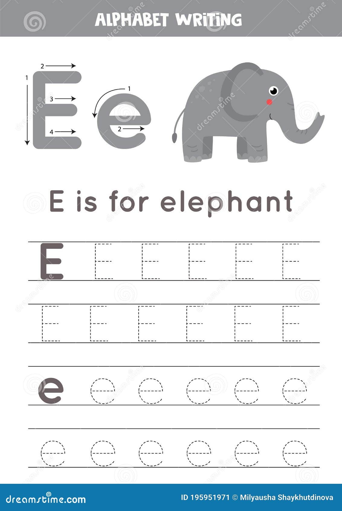 Tracing English Alphabet Letter E Is For Elephant Stock Vector Illustration Of Guide African 195951971