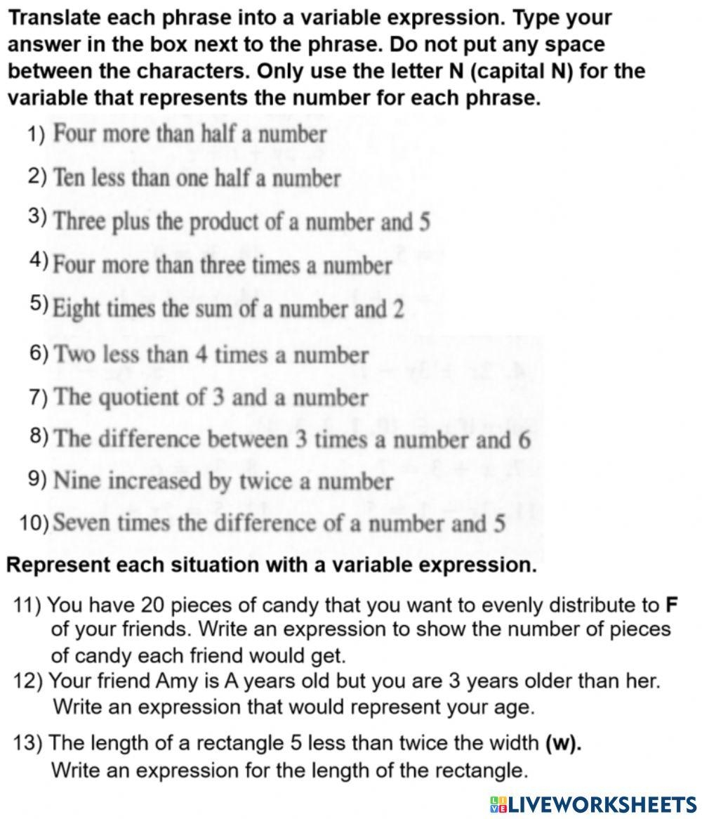 Translating Phrases Into Algebraic Expressions Worksheet Live Worksheets Library