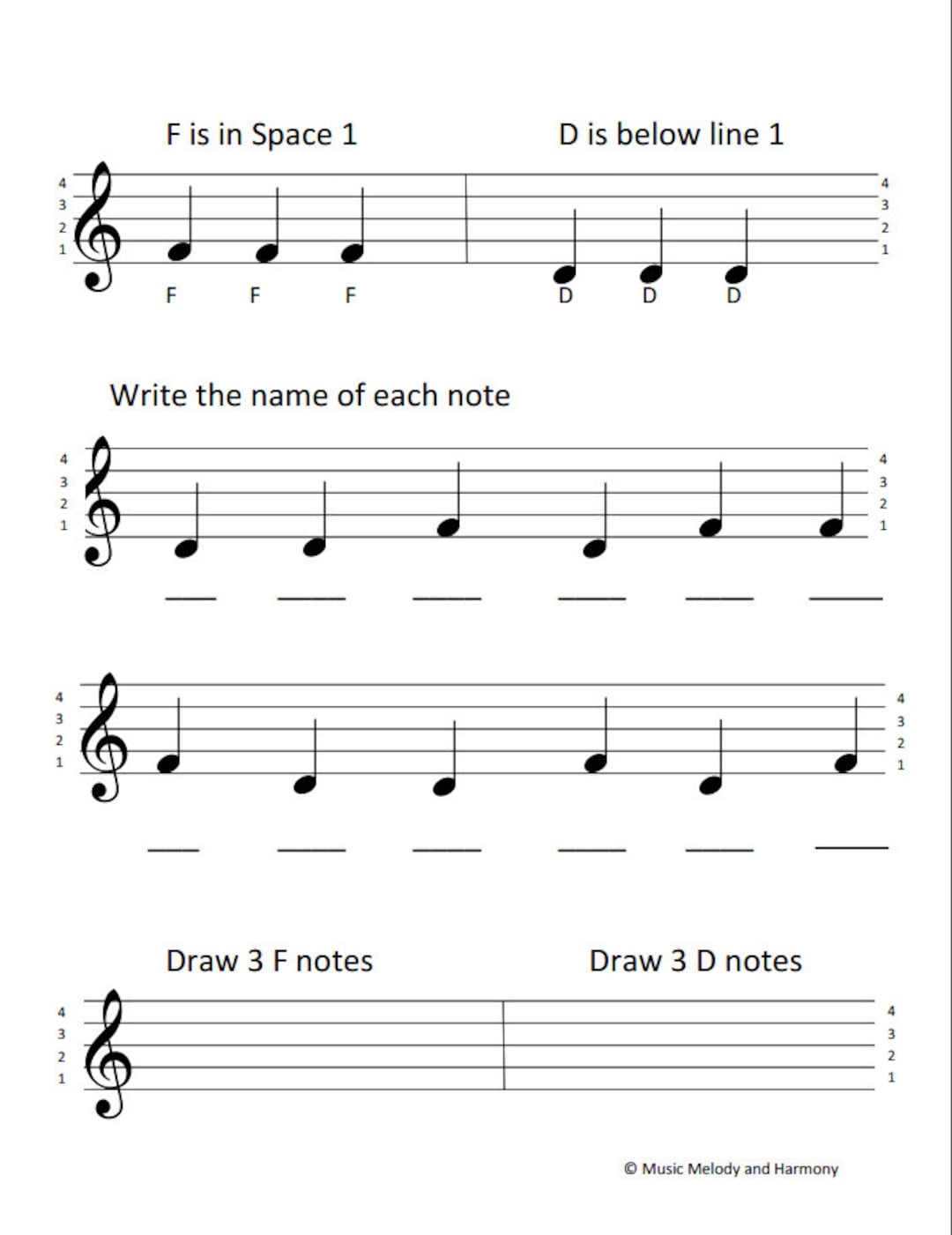 Treble Clef Notes D F Worksheet Etsy