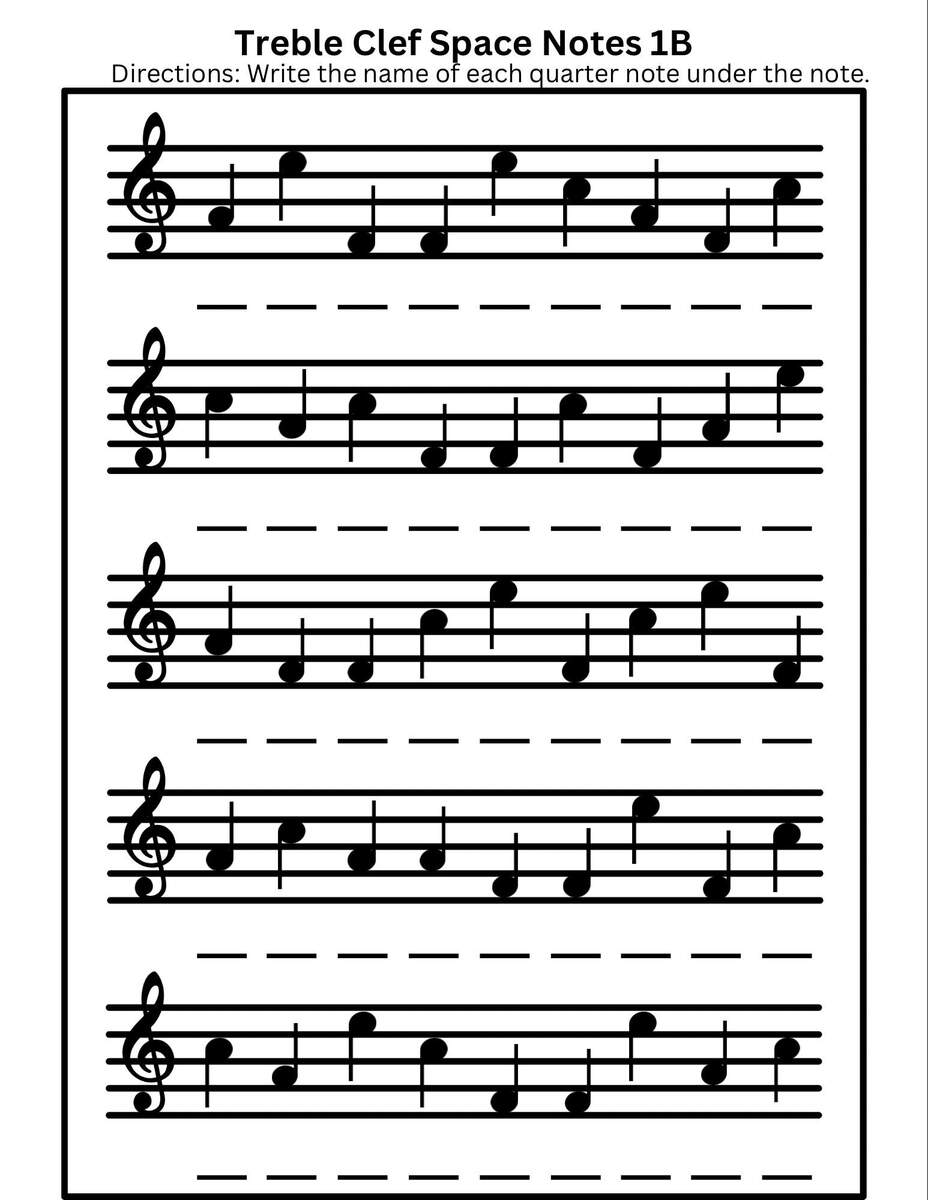 Treble Clef Space Notes Worksheet 1B Etsy