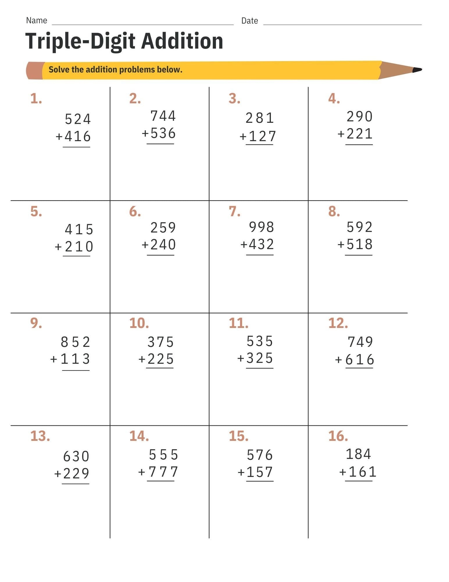 Triple Digit Addition Math School Assignment Worksheet Printable Instant Digital Download PDF Etsy Triple Digit Addition Math School Assignment Worksheet Printable Instant Digital Download PDF Etsy