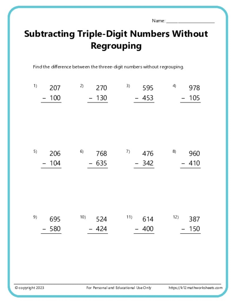 Triple Digit Subtraction Without Regrouping K12 Math Worksheets