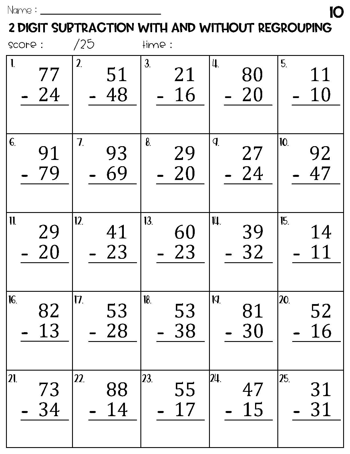 Two Digit Subtraction With And Without Regrouping Worksheets Etsy