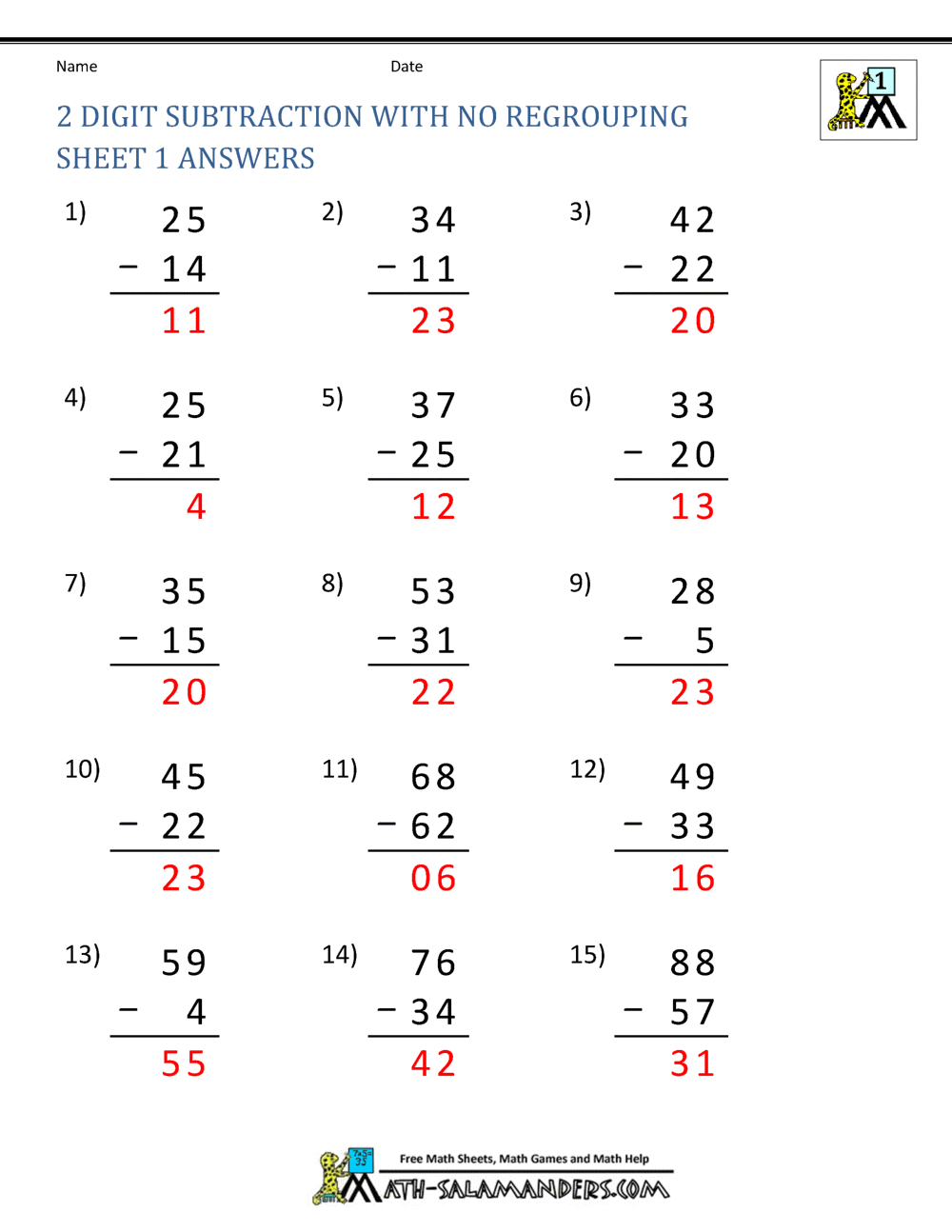 Two Digit Subtraction Without Regrouping