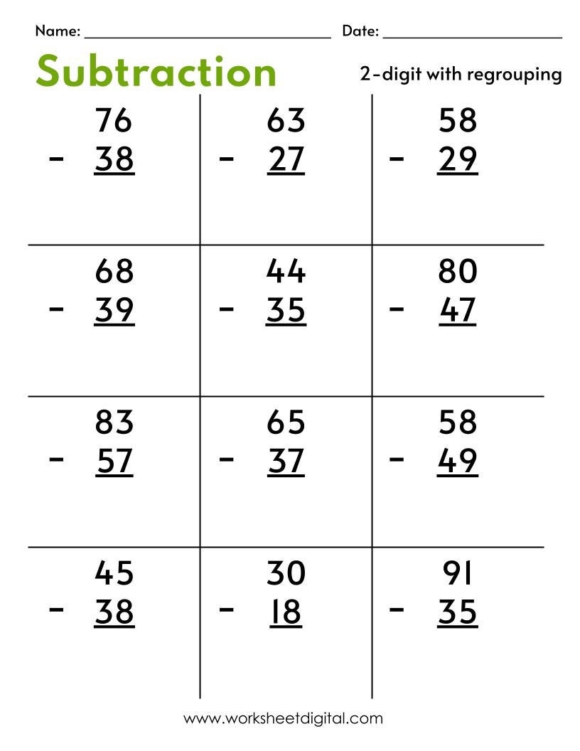 Two Digit Subtraction Worksheets With Regrouping PDF Etsy Two Digit Subtraction Worksheets With Regrouping PDF Etsy