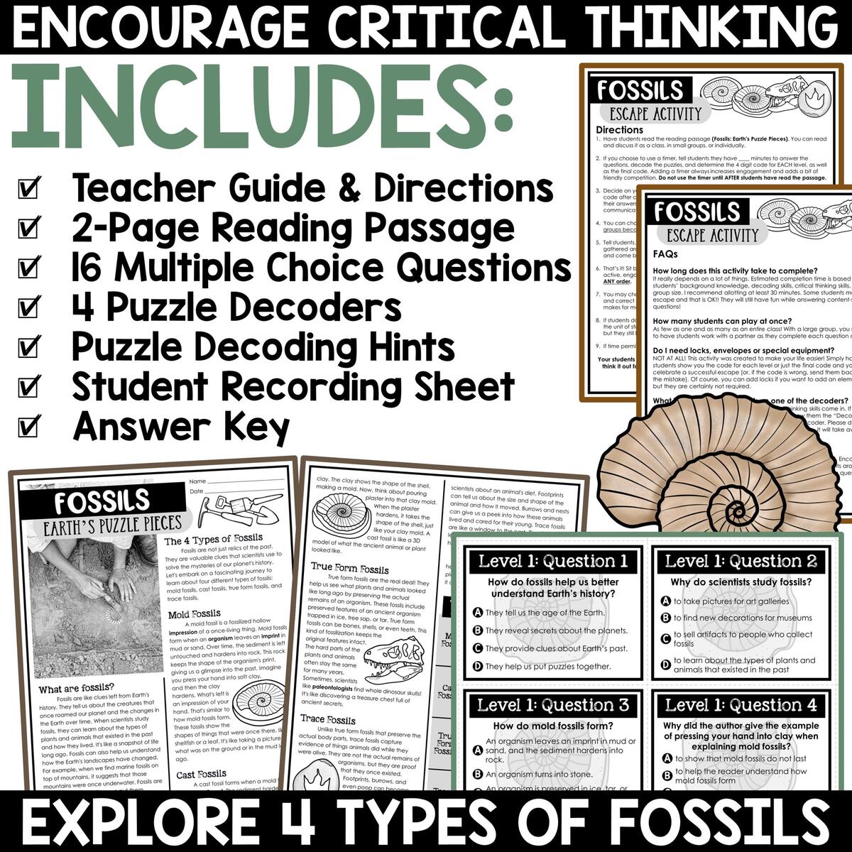 Types Of Fossils Activity Worksheet Reading Comprehension Science Escape Room A Love Of Teaching Kim Miller