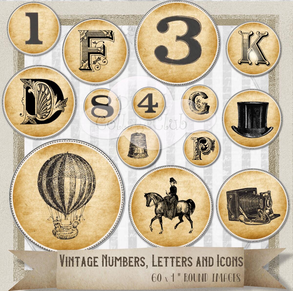 Vintage Numbers Letters And Icons 1 Inch Round Images The Digital Collage Club