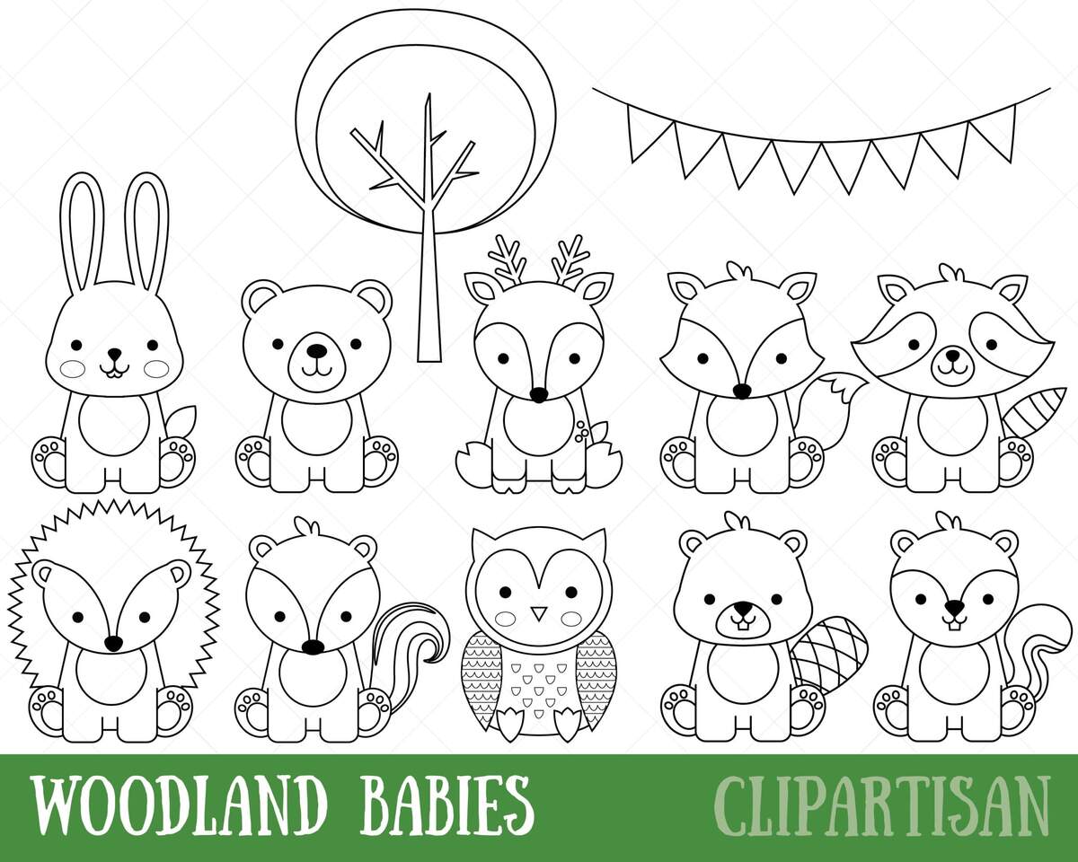 Woodland Animals Digital Stamps Baby Animal Digital Stamp Cute Woodland Coloring Page Vector File Etsy