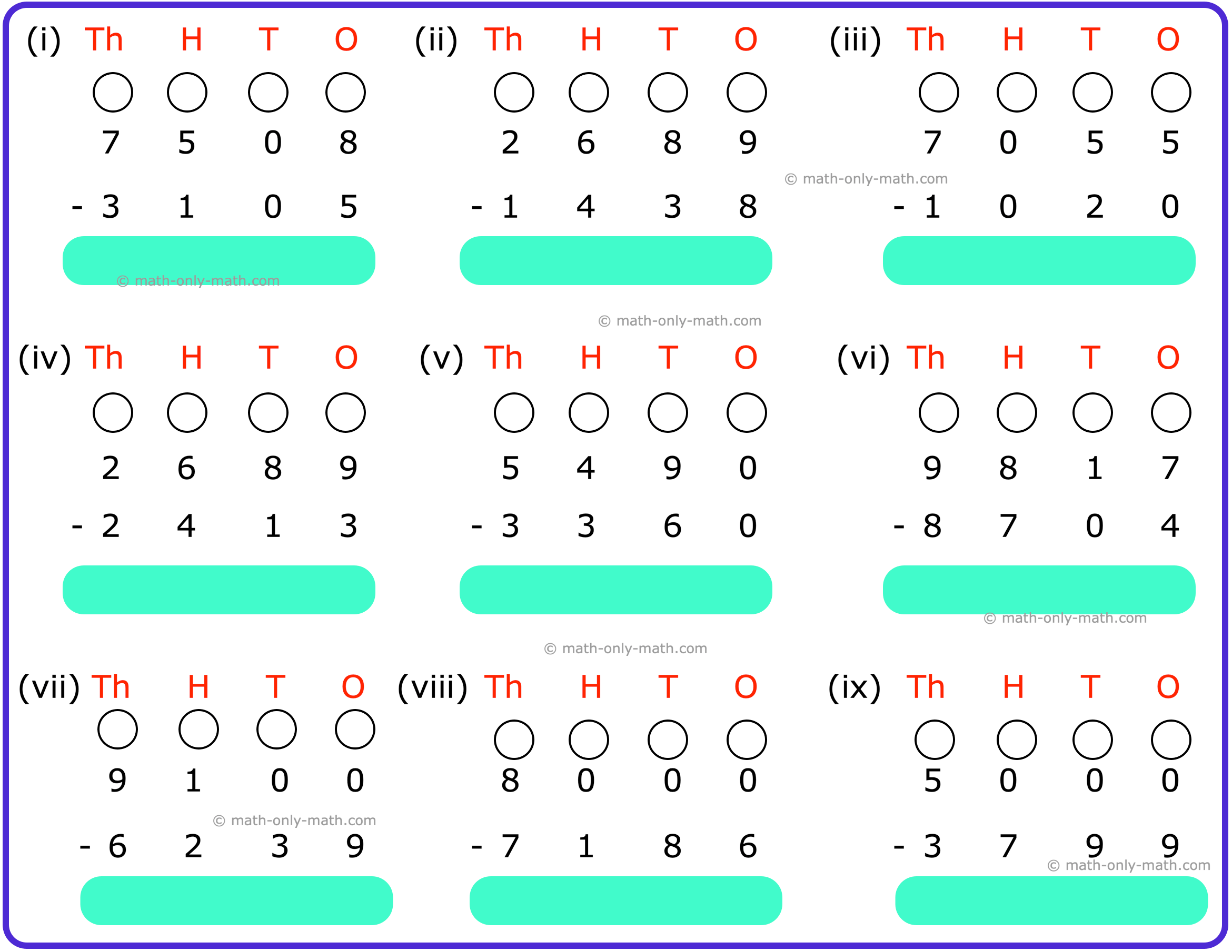 Worksheet On Subtraction Of 4 Digit Numbers Subtracting 4 Digit Number