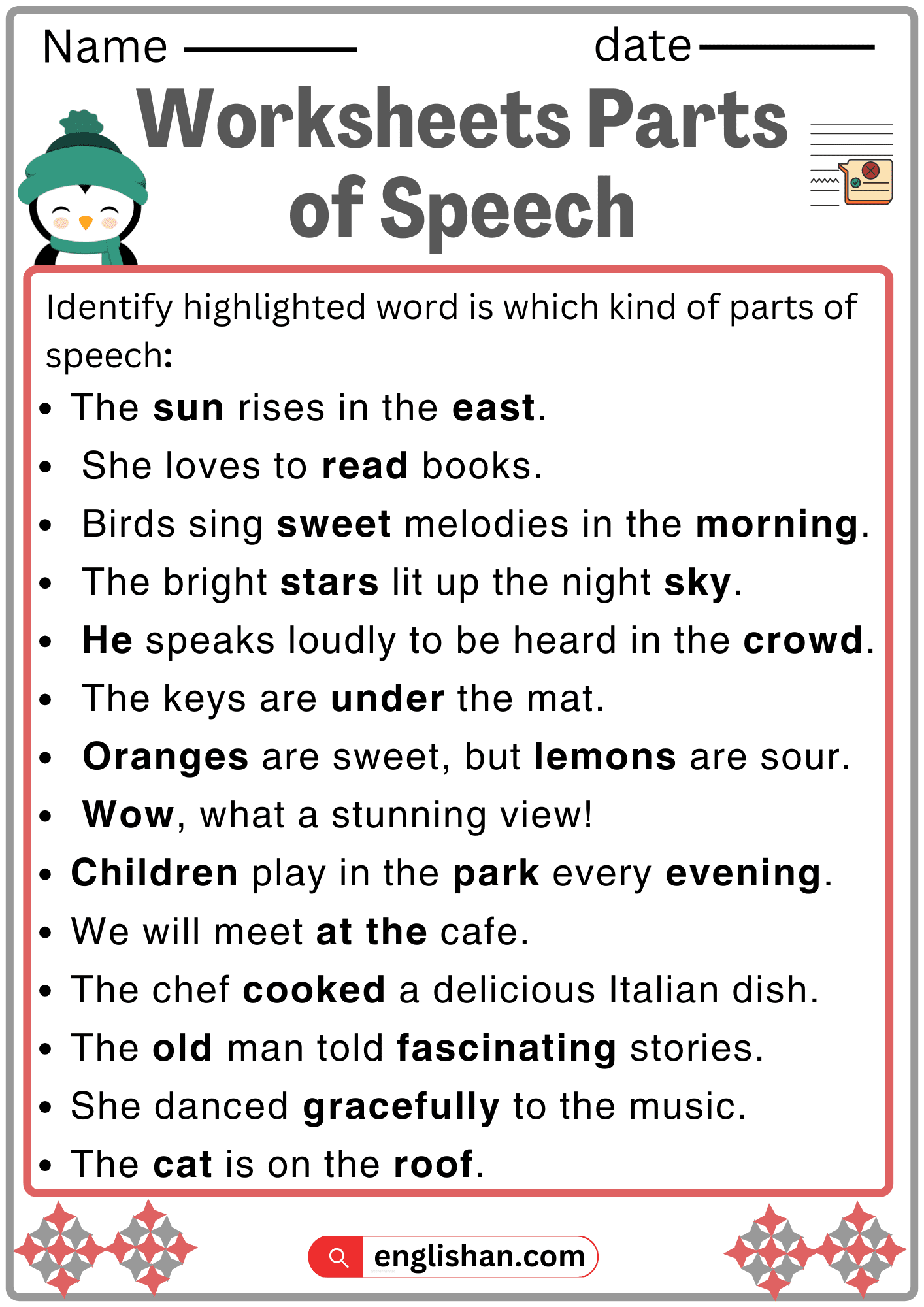 Worksheet Parts Of Speech Use Parts Of Speech In Sentences Parts Of Speech Worksheet Parts Of Speech Exercises 7ESL
