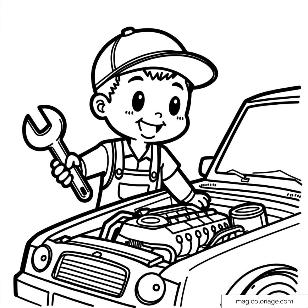 Young Mechanic With Wrench And Car Coloring Page